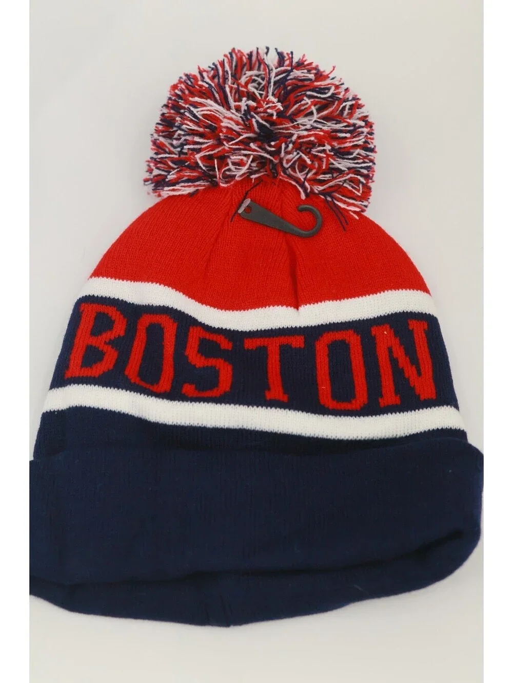 Boston Beanie Hat Pom Pom Knit Cuffed Skull Cap Red White Blue Winter Men Women